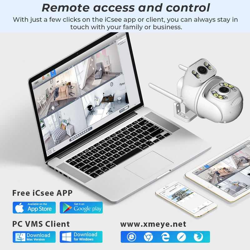 Câmera de vigilância ao ar livre sem fio, lente dupla com tela dupla, detecção humana AI, rastreamento automático, PTZ, Wi-Fi, aplicativo iCSee, 8MP, 4K