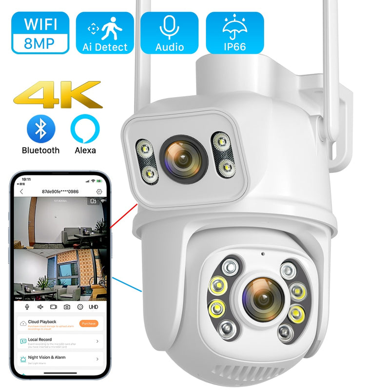 Câmera de vigilância ao ar livre sem fio, lente dupla com tela dupla, detecção humana AI, rastreamento automático, PTZ, Wi-Fi, aplicativo iCSee, 8MP, 4K